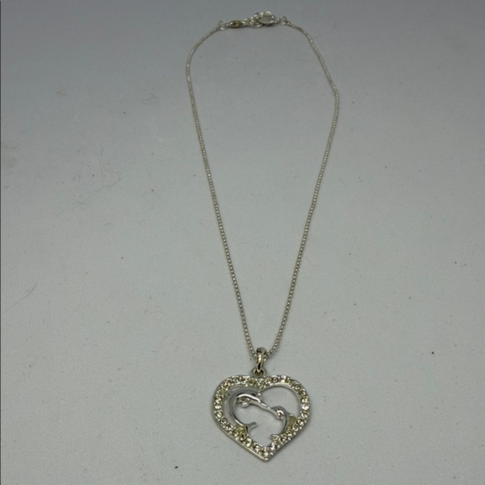Elegant Silver Heart With Dolphin Pendant Necklace